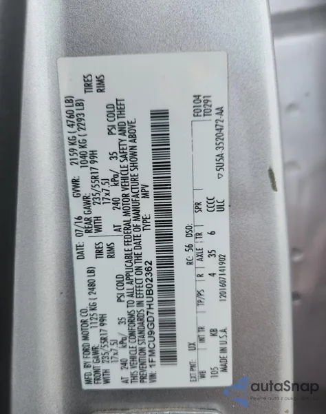 2017 Ford Escape Se из США, поврежденный, VIN 1FMCU9GD7HUB02362